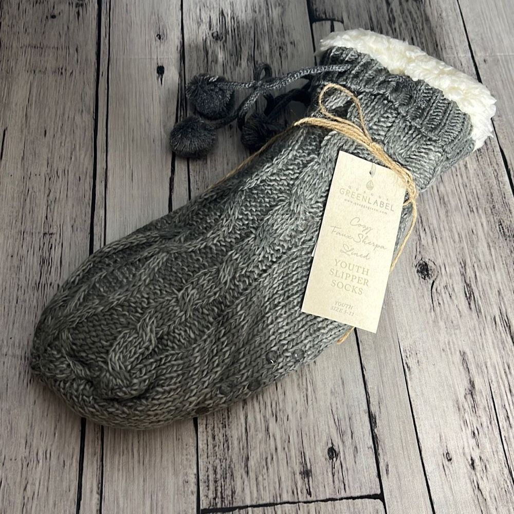 Green Label Girl's Cozy Faux Sherpa Lined Youth Slipper Socks Black Size 5-11 NW
